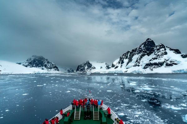 A ship sailing through the ice in Antarctica