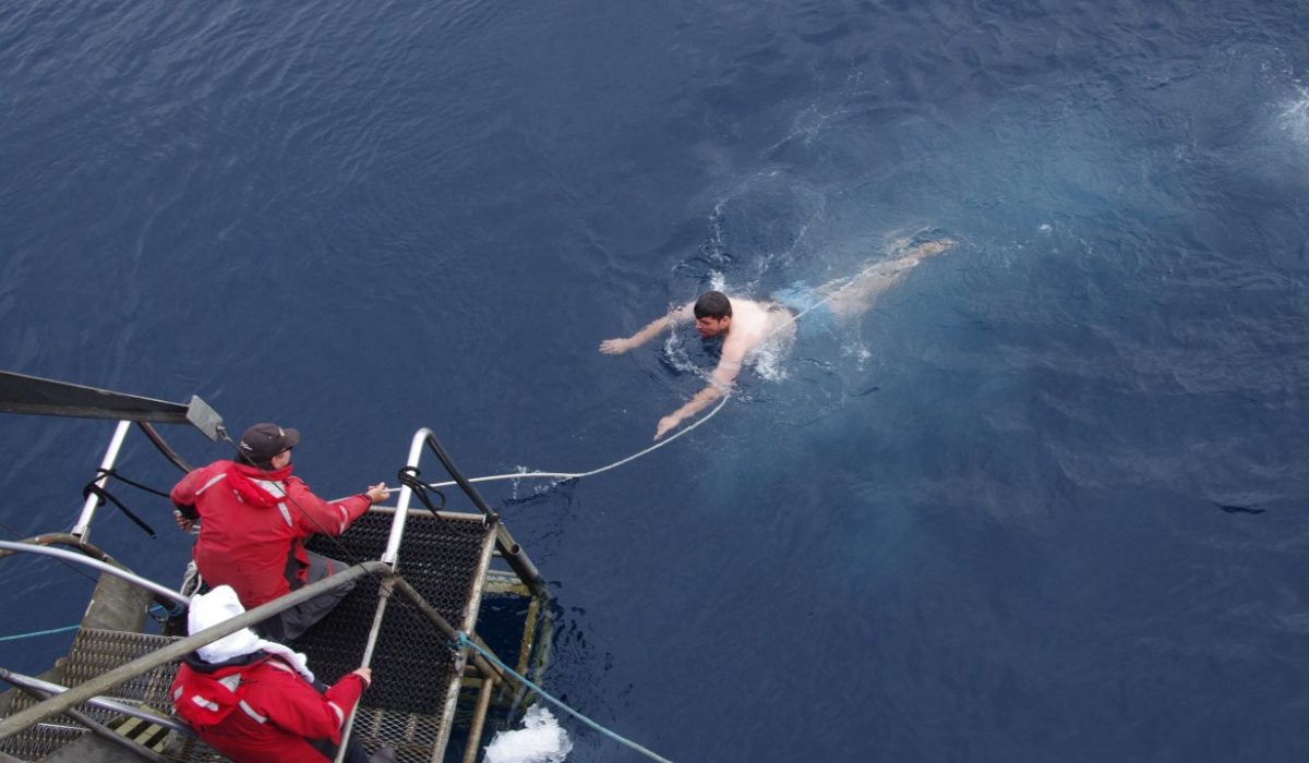 Man swims to ship platform after taking part in the Polar Plunge