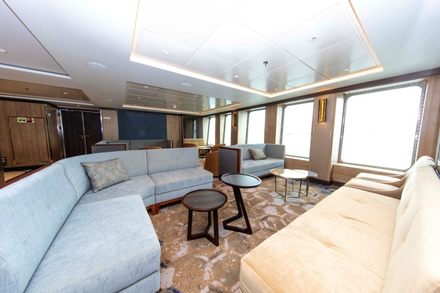 A peaceful observation lounge on board an Antarctic expedition ship