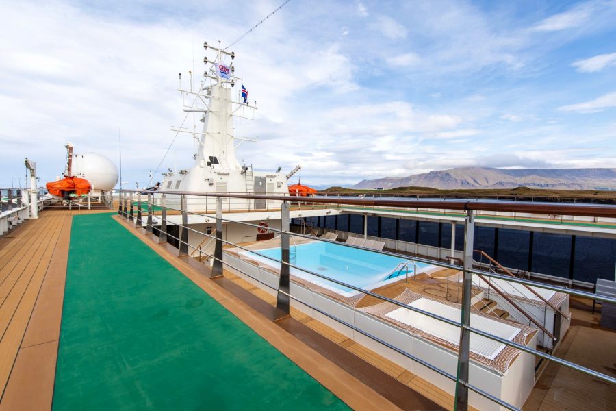 Outdoor track, pool and hot tubs on the World Explorer ship