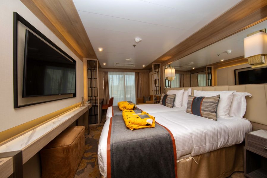 A plush cabin on board an Antarctic expedition ship